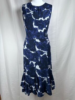 Talbots Petite Floral Sleeveless Dress 14P Blue Ruffle Hem Round Neck